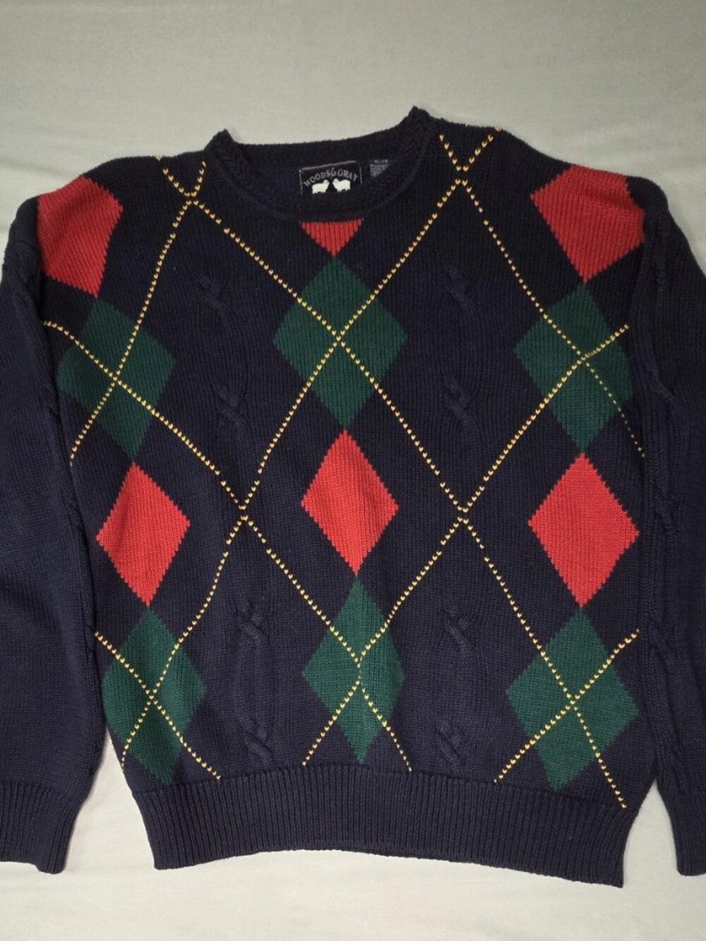 Woods & Gray Mens XL Navy Argyle Cable Knit Sweater